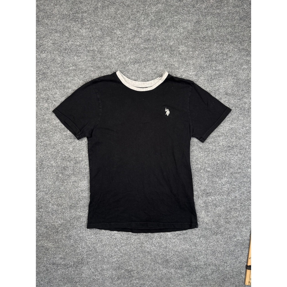 USโ Polo Assn Boys Ringer T-Shirt Black Grey XL 14-16 Cotton Short Sleeve Logo